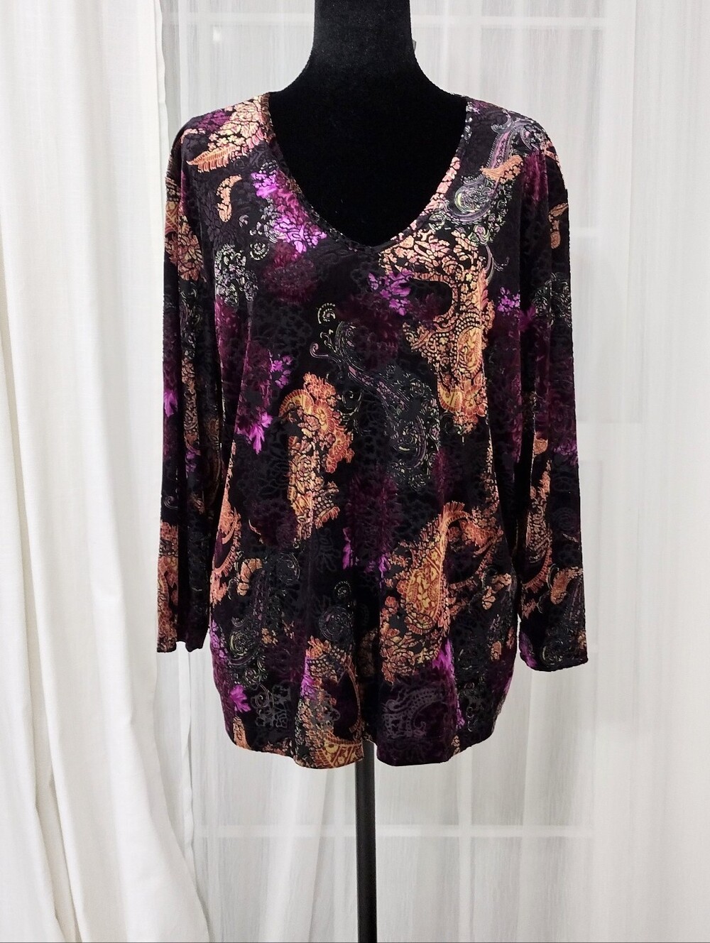 Chico's Velvet Paisley V-Neck Long Sleeve Top - Black, Purple & Gold